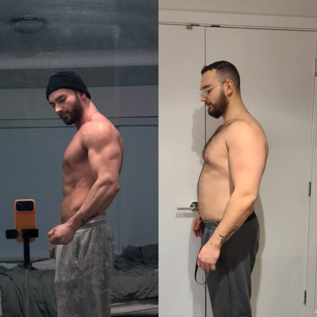 Side-by-side comparison of a shirtless man showing body transformation, with a younger, more muscular physique on the left and an older, less muscular physique on the right.
