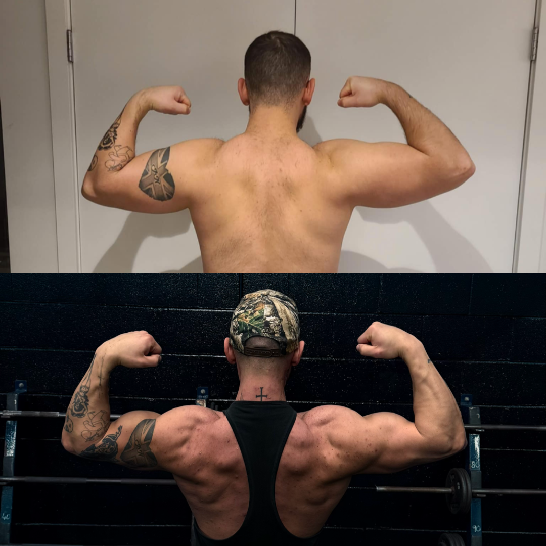 A side-by-side comparison photo of a man flexing muscles, showing progression in muscle development over time. The top photo shows a leaner physique, while the bottom photo shows a more muscular build with larger, more defined muscles.