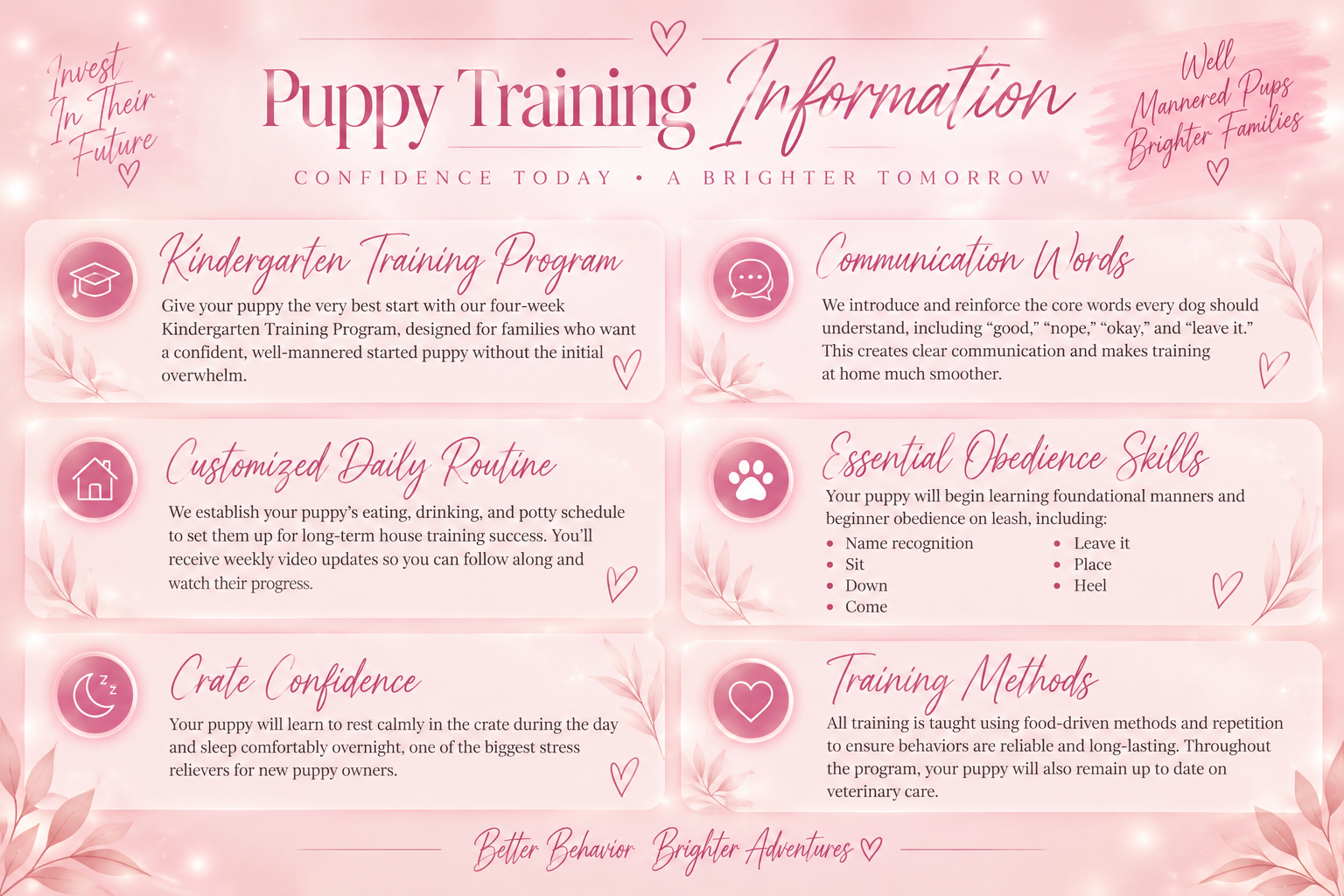 Pink informational flyer about puppy training programs, featuring sections on kindergarten training, communication words, daily routines, obedience skills, crate confidence, and training methods, with decorative hearts, leaves, and soft glow effects.