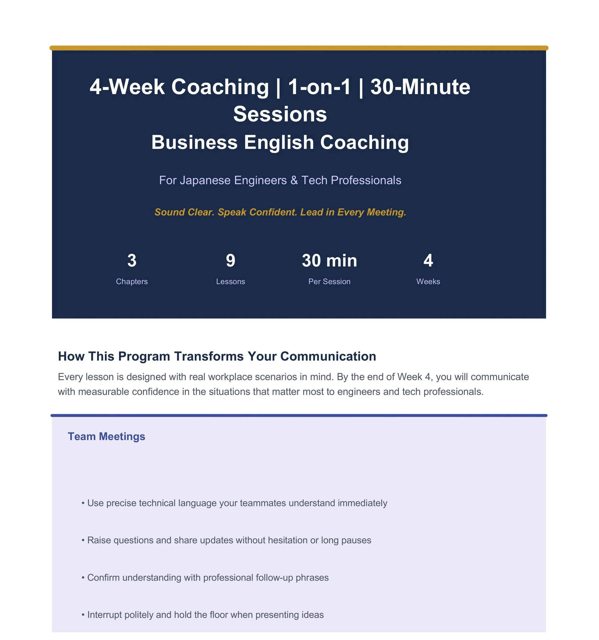 4 week 1 on 1 Business English Coaching for Japanese Professionals for 30 Minutes for 12 sessions total for $100.00