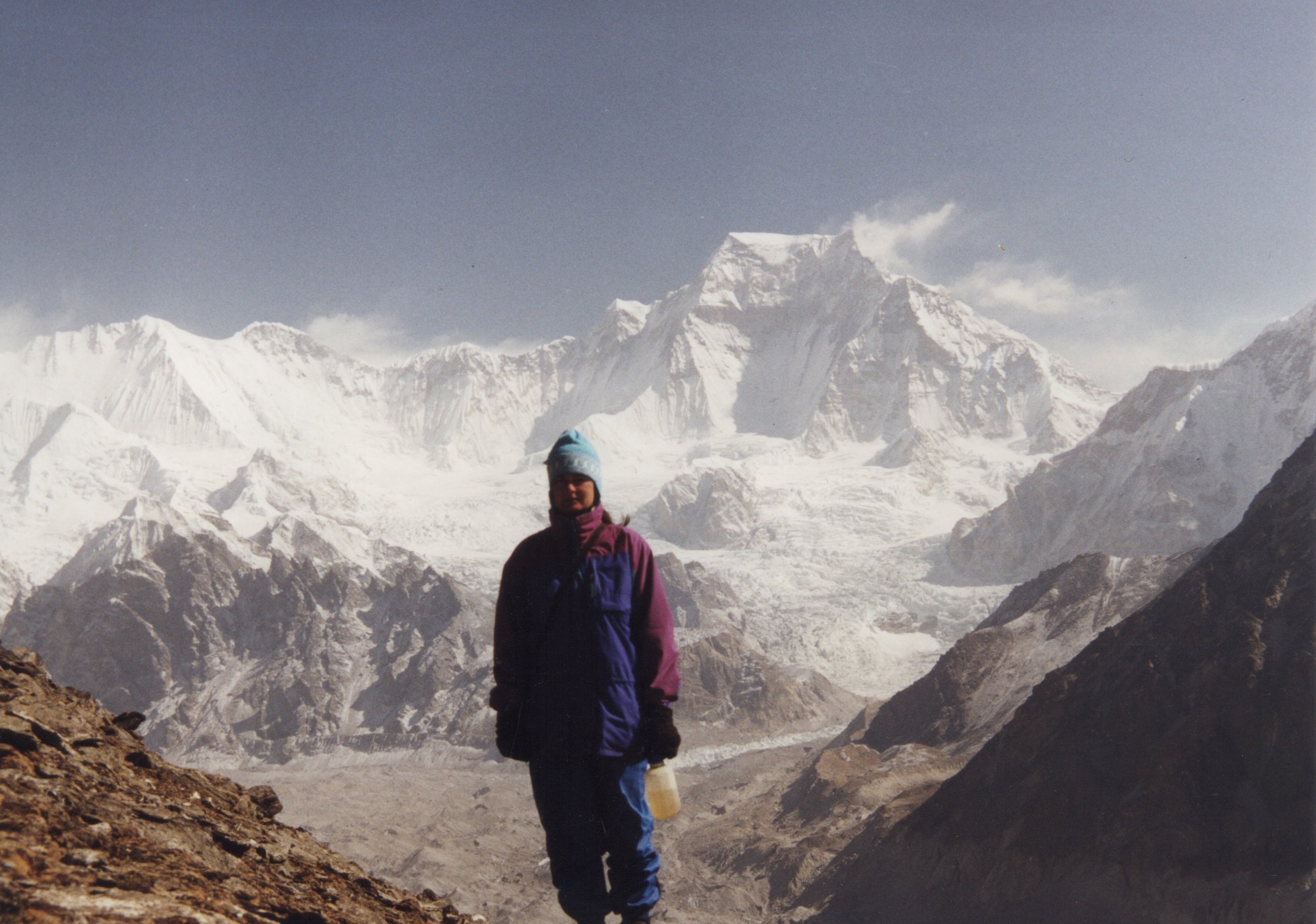 Me at the top of Gokyo Ri, 17,989'. Cho Oyu glacier and peak (26,864') in the distance.