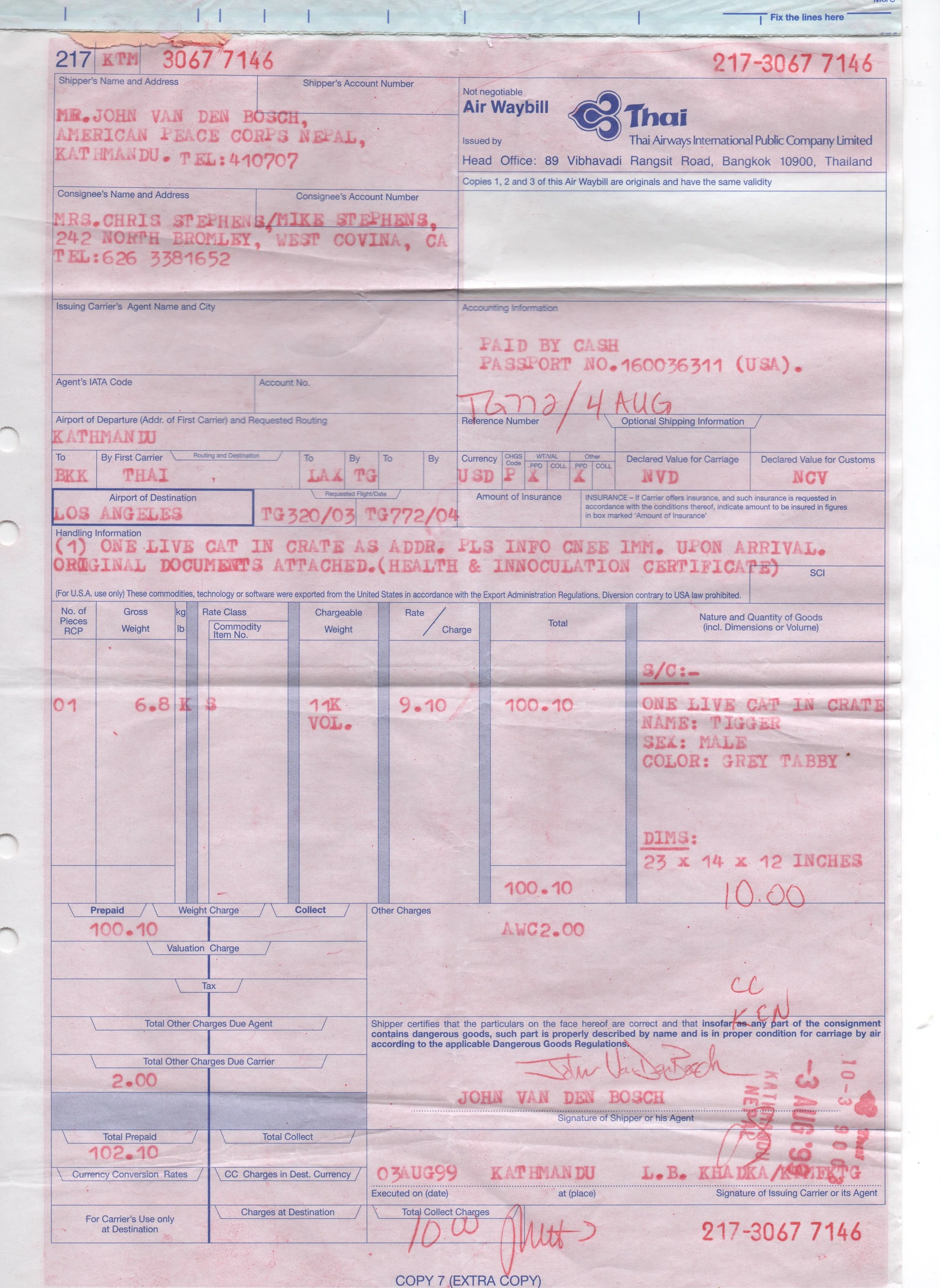 Tigger's ticket from Kathmandu to LA