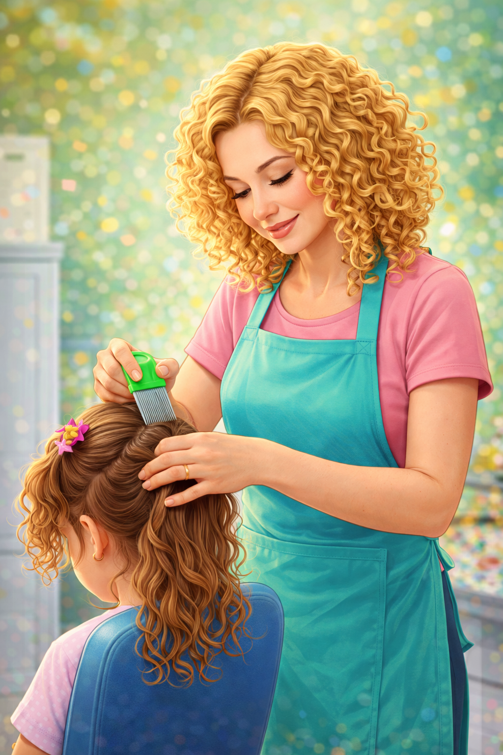 Graphic image of Petaluma Nit Flix technician, Shawn,  removing lice from a child's head