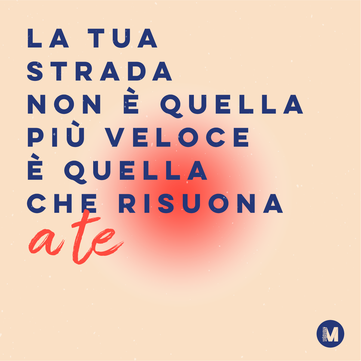Inspirational quote in Italian about life, speed, and happiness with a red background burst and a beige background, and a small logo in the bottom right corner.