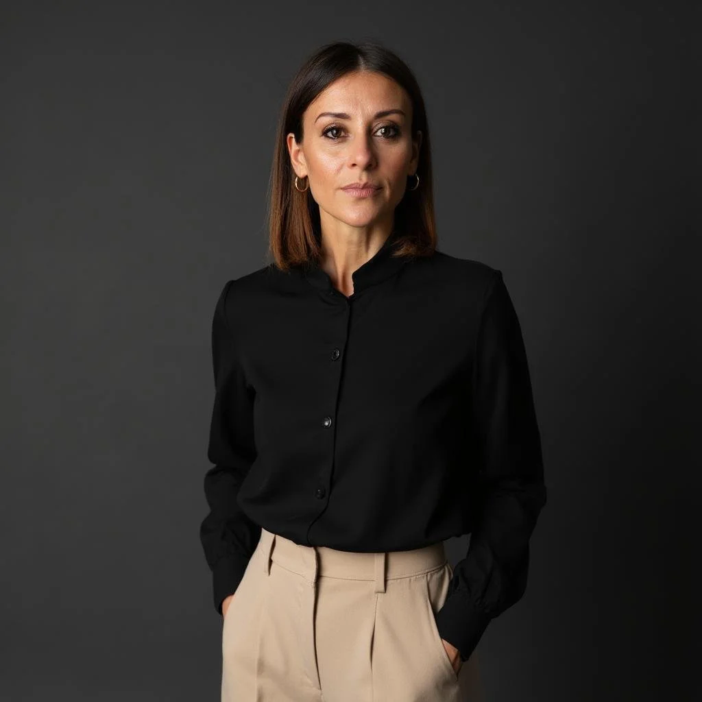 A woman with shoulder-length brown hair wearing a black blouse and beige trousers, standing against a dark grey background.