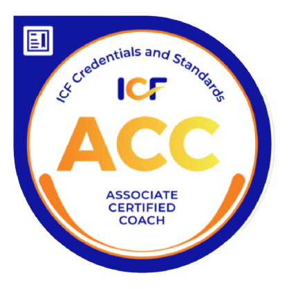 Certification badge for ICF Associate Certified Coach, with ICF credentials and standards logo.