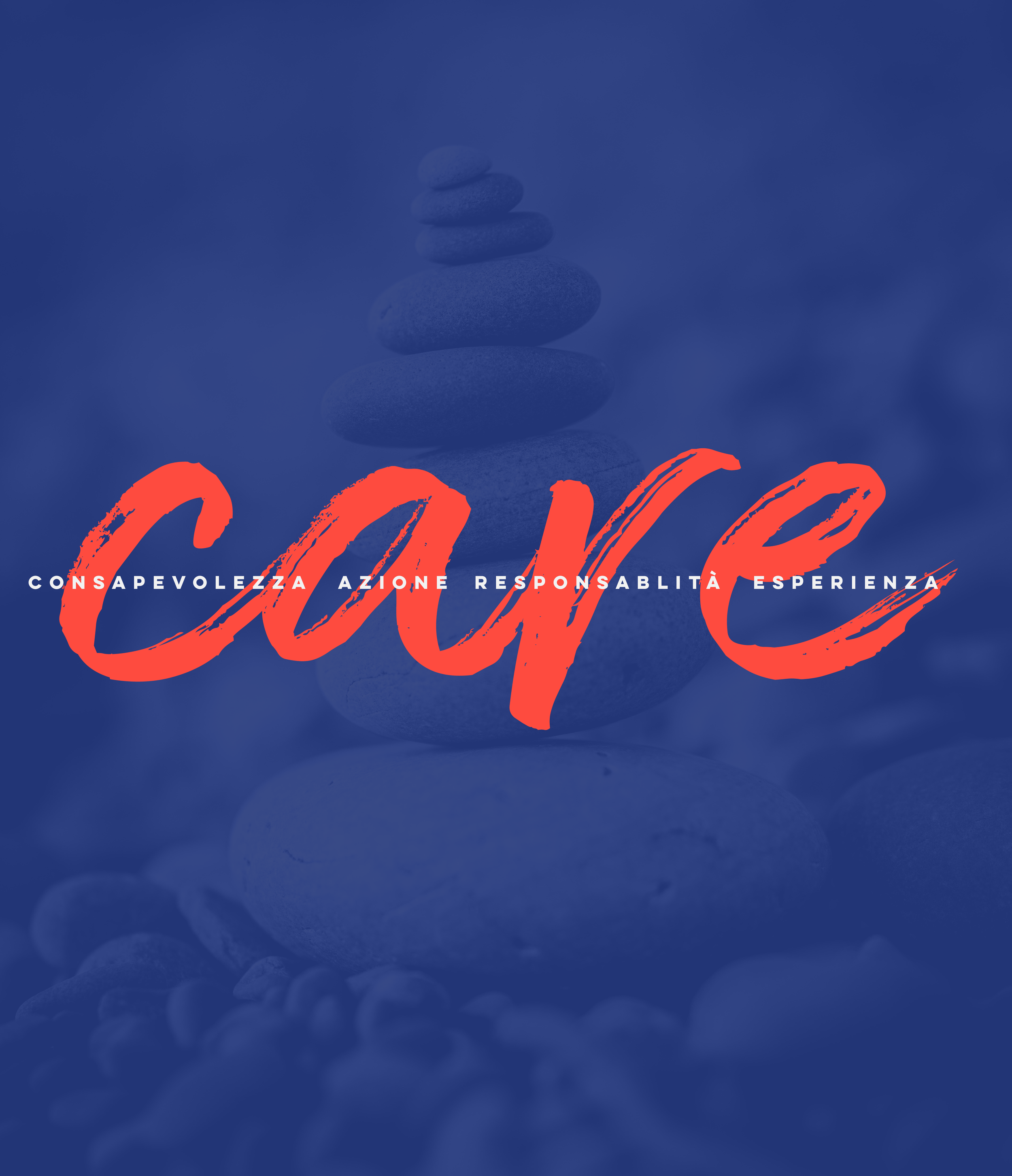 Stacked smooth stones on blue background with partial red handwritten text at the bottom.