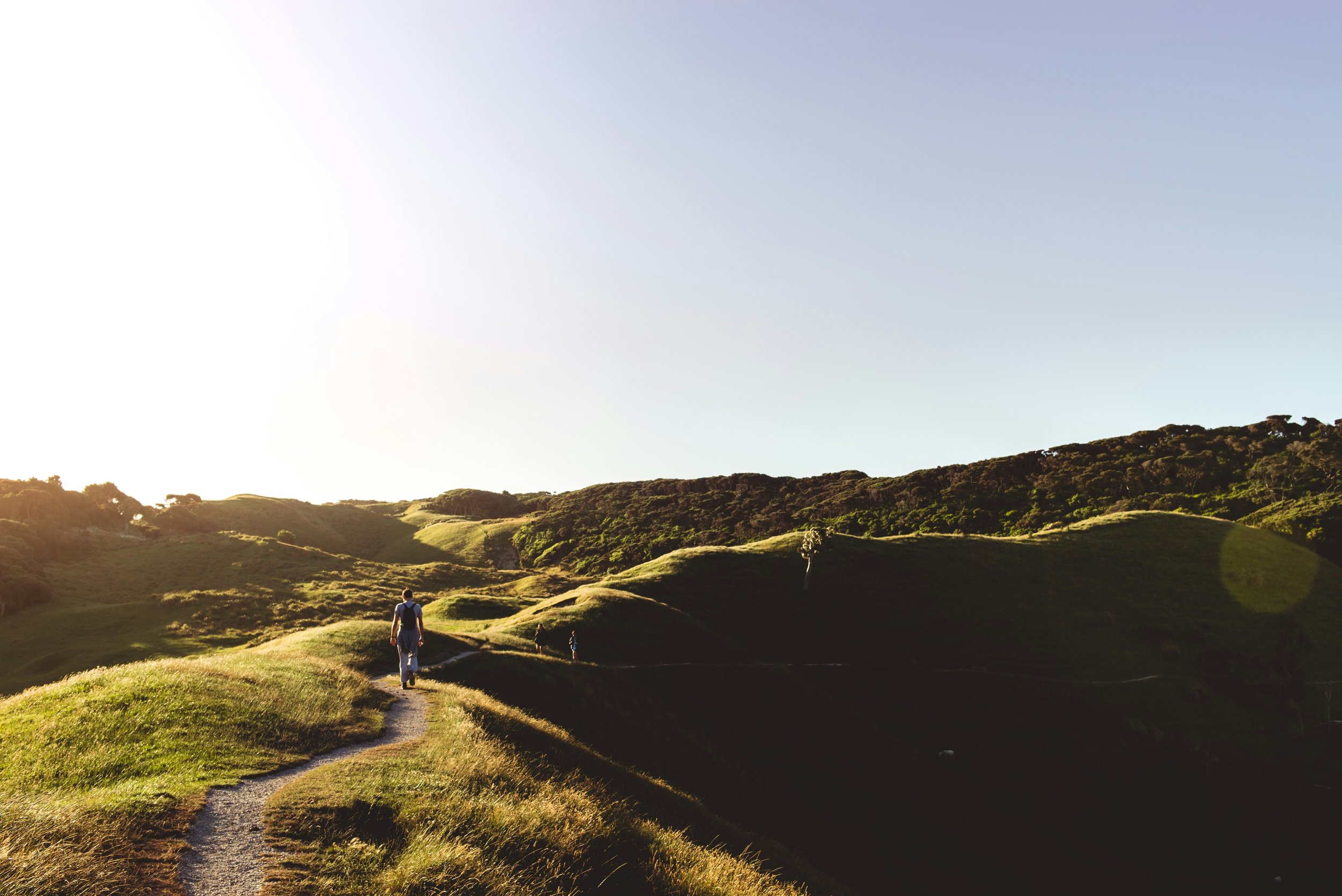 A person walking along a small trail in a green hilly landscape with a clear sky above.