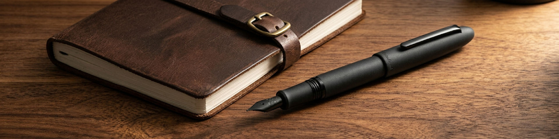 An image of a fountain pen and leather bound sketchbook