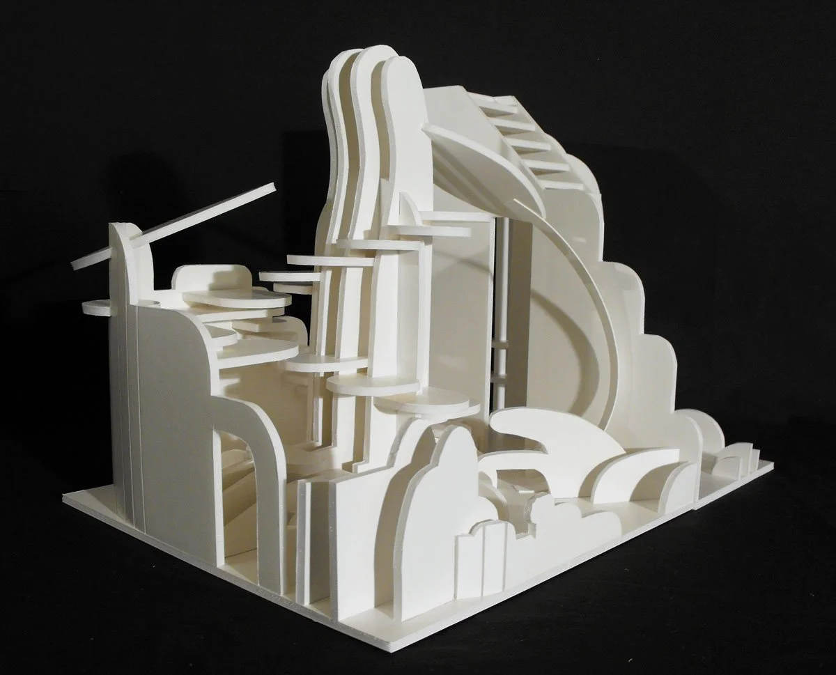 A foamcore model on a black background