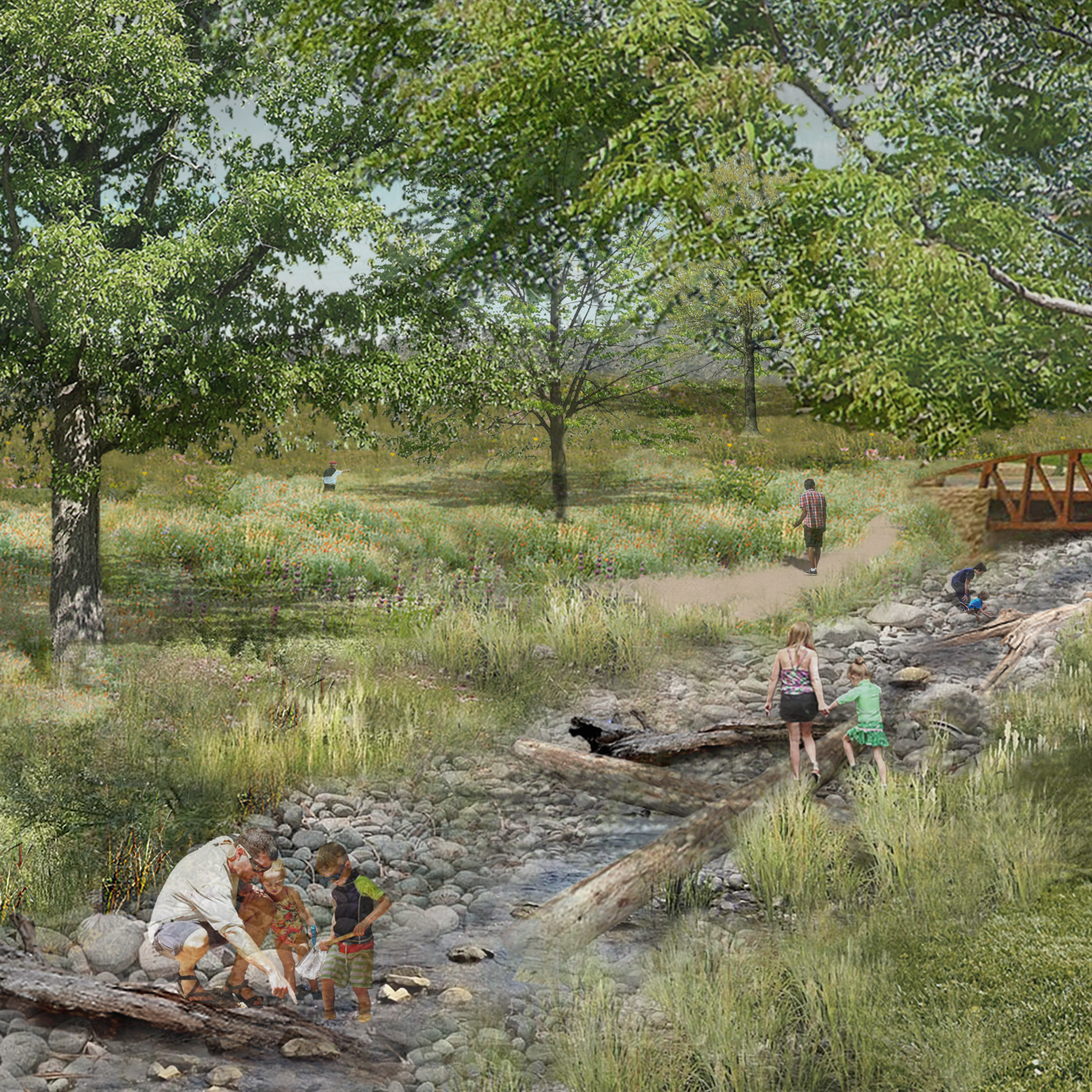 A rendered image of families playing in a creek bed in a naturalistic park setting.
