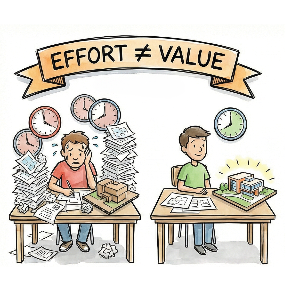 A watercolor image representing the idea that time does not equal effort