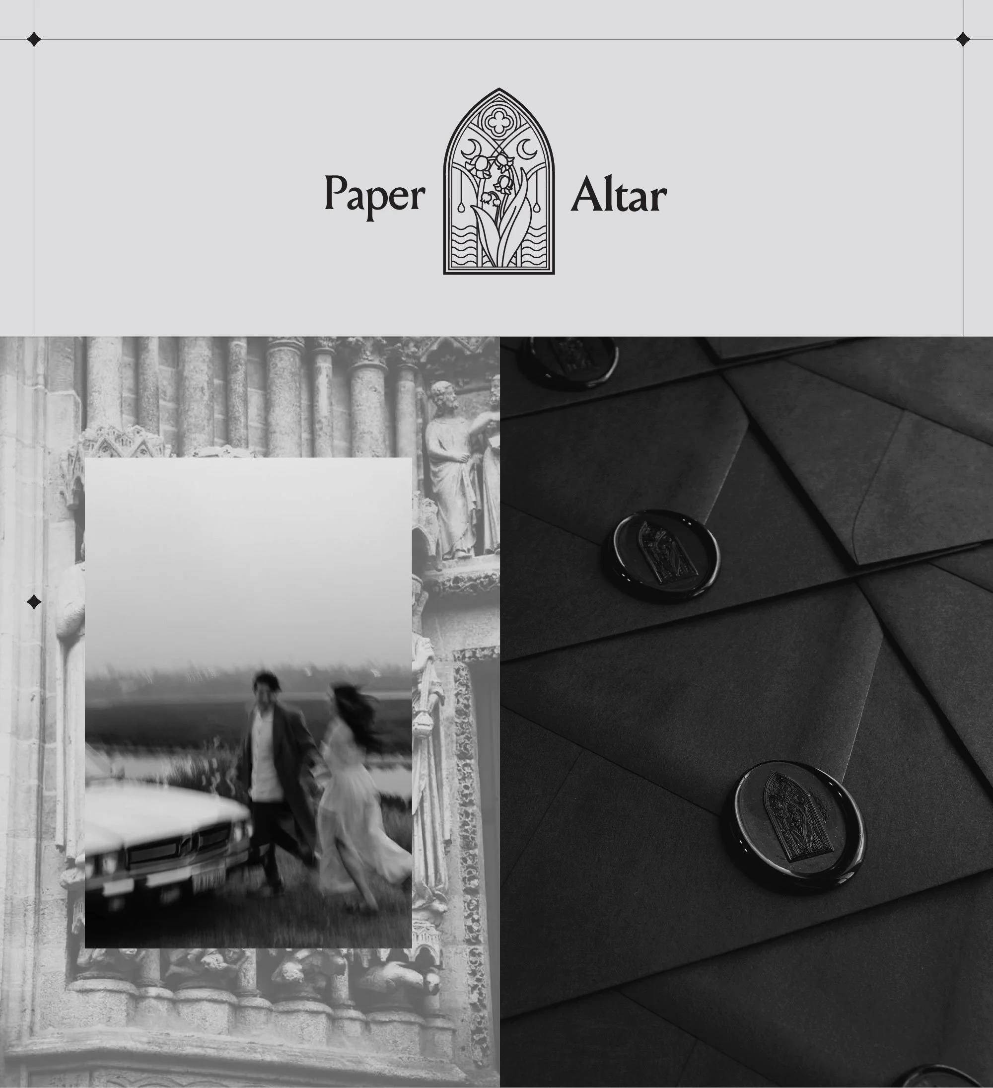 Black and white collage with an artistic divider, featuring a photo of a couple standing next to a vintage car outdoors, a background with ornate architecture and statues, and a close-up of dark wrapped packages with wax seals. The top section displays a logo with a church window design and the words "Paper Altar."