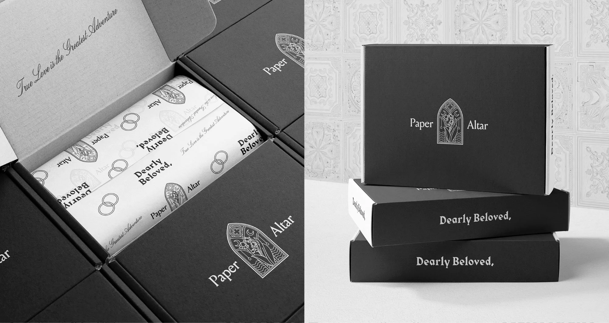 Black and white photo of paper boxes with religious-themed packaging, including one box labeled "Paper Altar" and a sheet with text and images of rings and religious symbols, surrounded by decorative tiles.