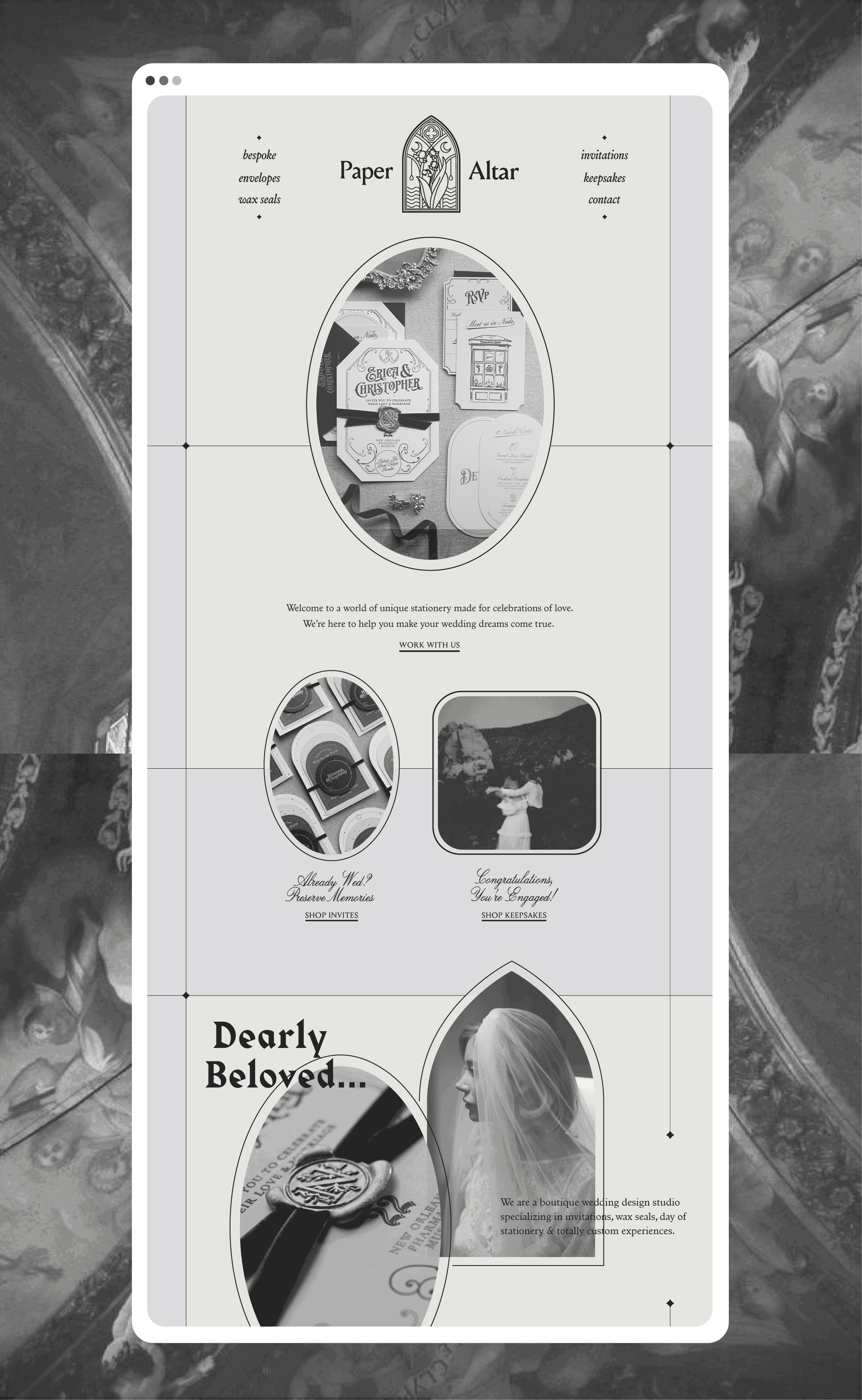 A grayscale wedding stationery website with sections for paper alts, invitations, keepsakes, and contact, featuring images of wedding invitations, keepsake items, and a bride with a veil.