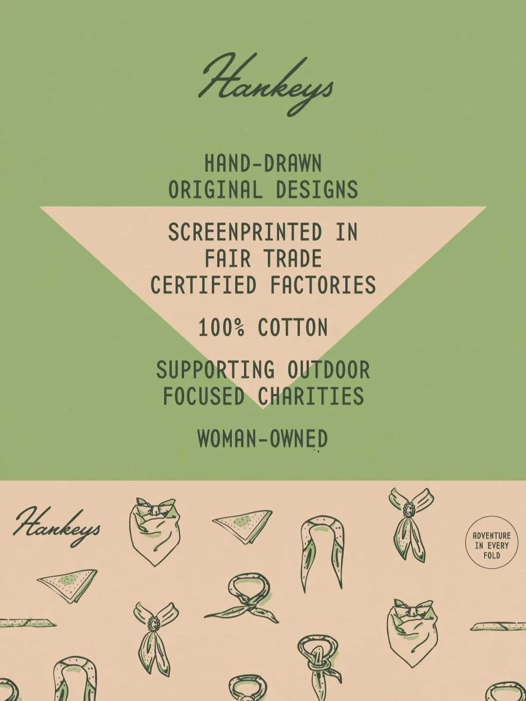Green and pink label for Hankeys, featuring hand-drawn design icons such as bandanas and scarves, and text promoting eco-friendly, woman-owned outdoor accessories.
