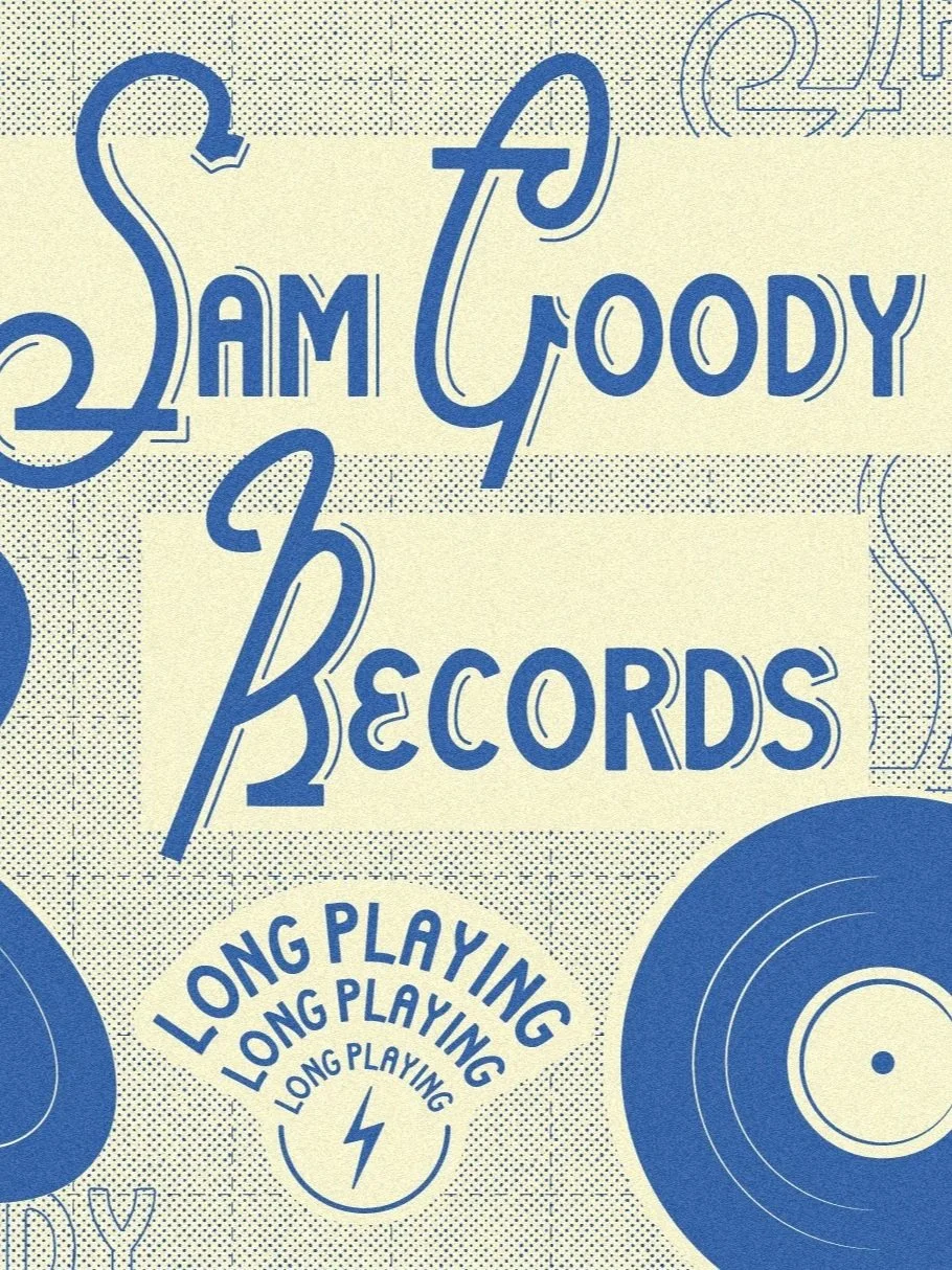 Vintage record label design for Sam Goody Records emphasizing long-playing records.