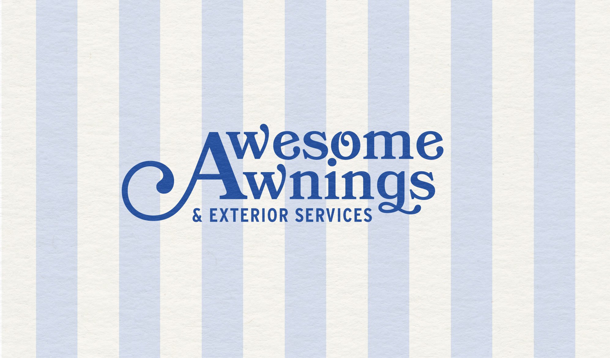 Logo for Awesome Awings & Exterior Services with blue text on a light striped background.