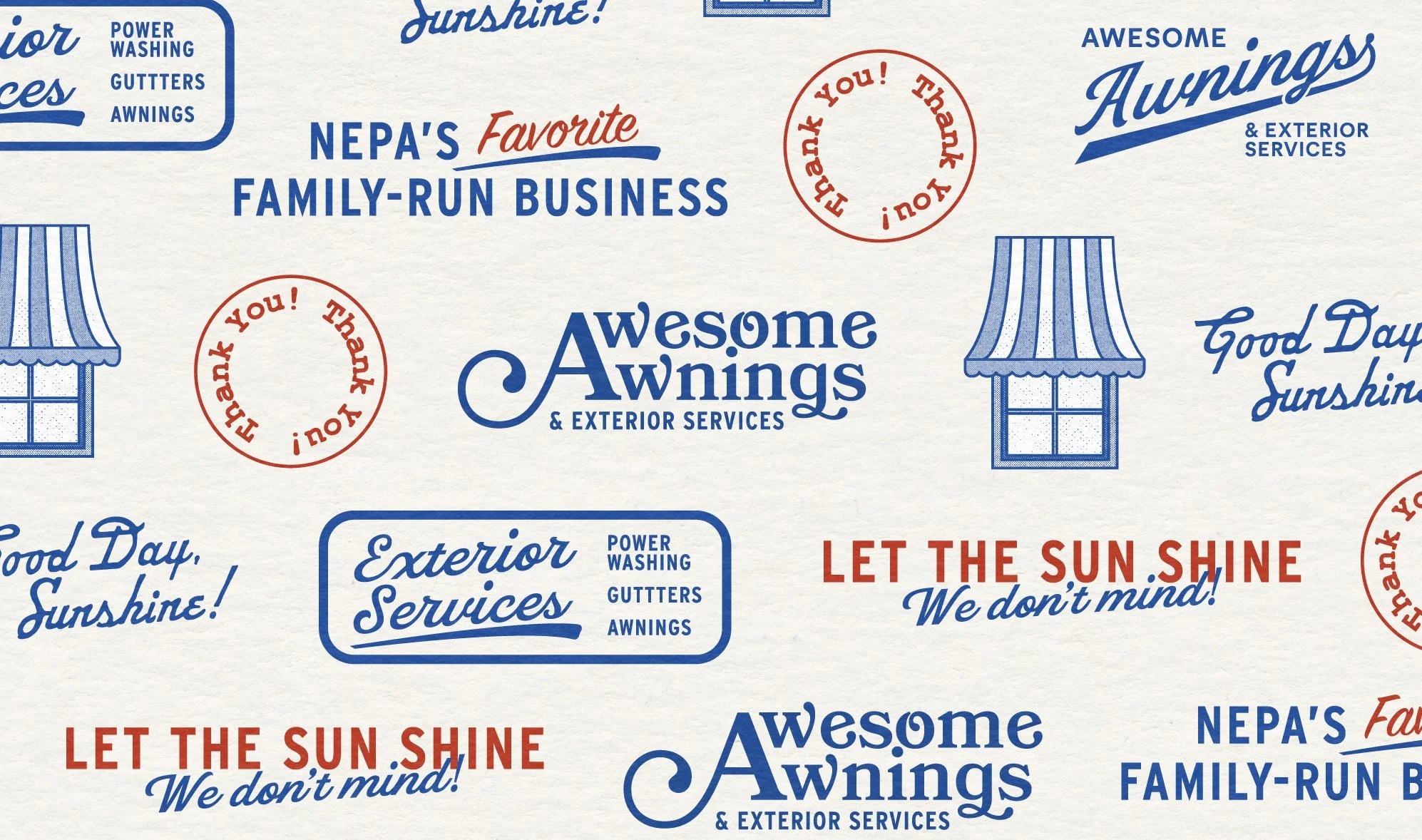 Pattern with logos and slogans for Awesome Awnings and exterior services, featuring illustrations of awnings, circular thank you stamps, and phrases like "Let the Sunshine!" and "Good Day Sunshine!" in blue, red, and white colors.