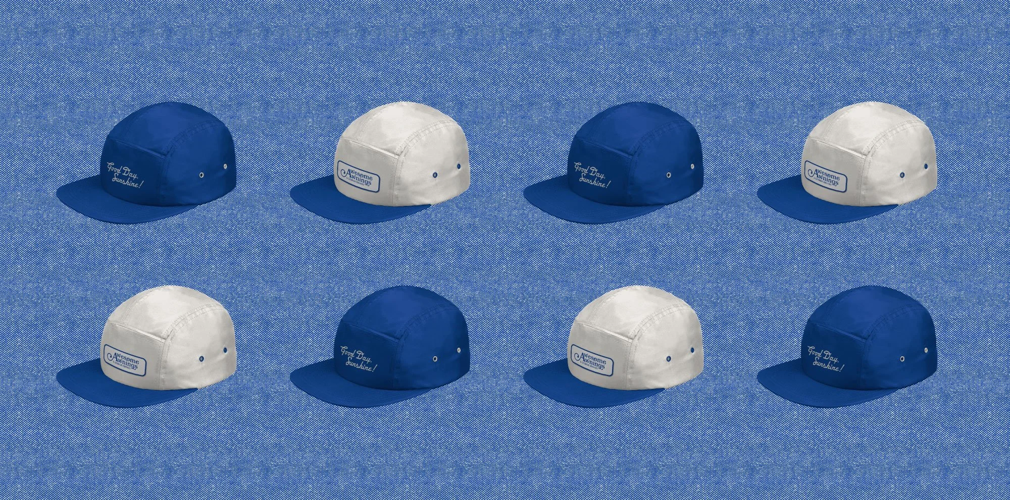 Eight baseball caps arranged in two rows, alternating between blue caps with the phrase 'Good Day, Sunshine!' and white caps with a logo that reads 'Awesome Winnings,' on a textured blue surface.