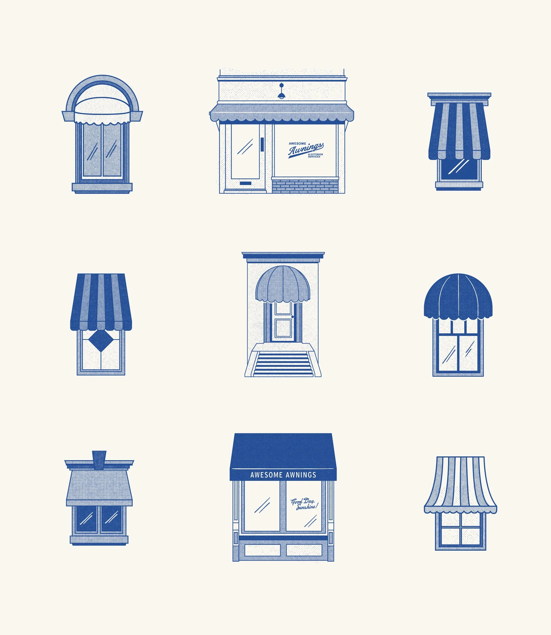 A collection of nine storefront illustrations, each featuring different styles of awnings and windows, some with storefront signs that read 'Awesome Awnings'