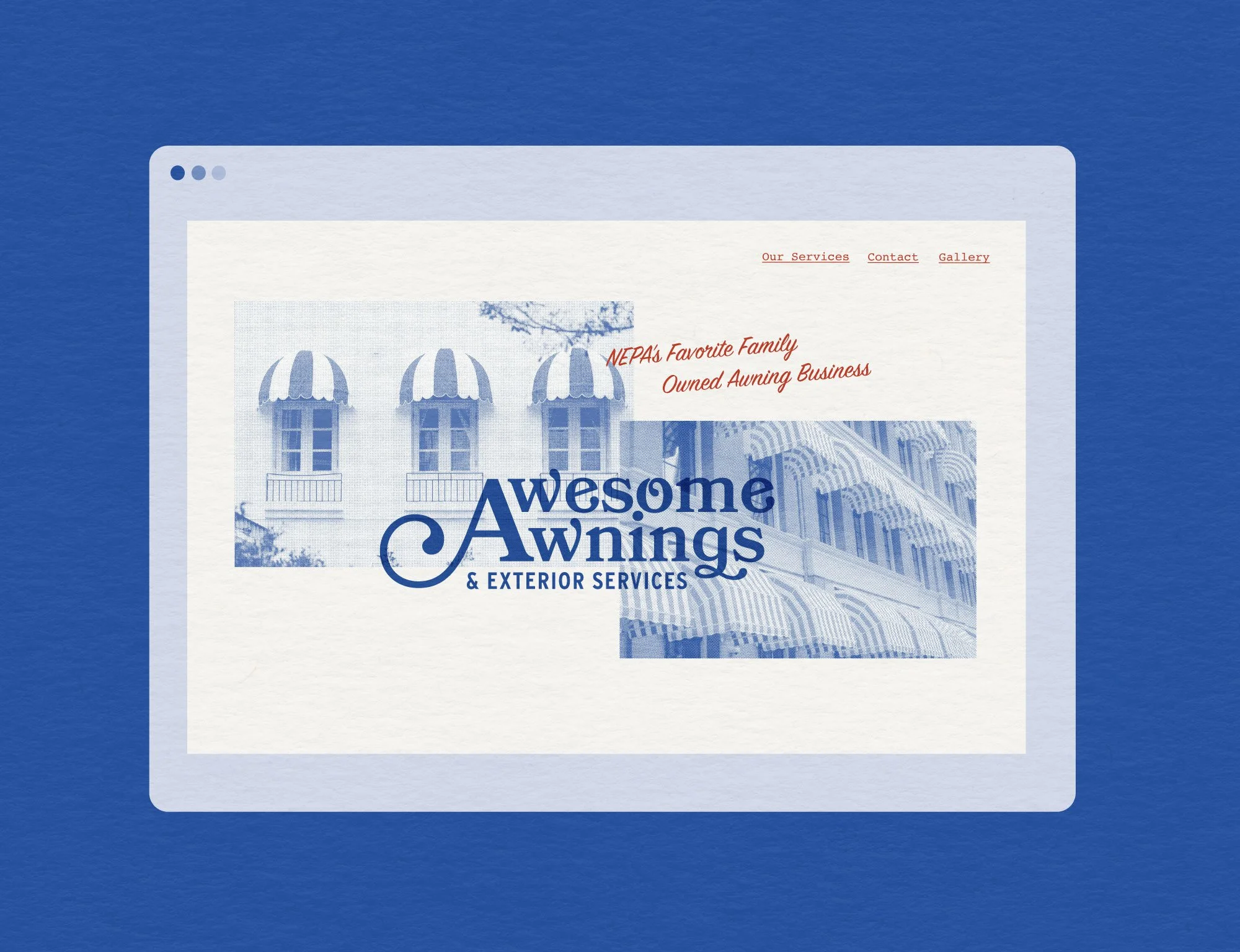 Computer screen displaying a website for 'Awesome Awnings & Exterior Services' with images of awnings on buildings and a navigation menu.