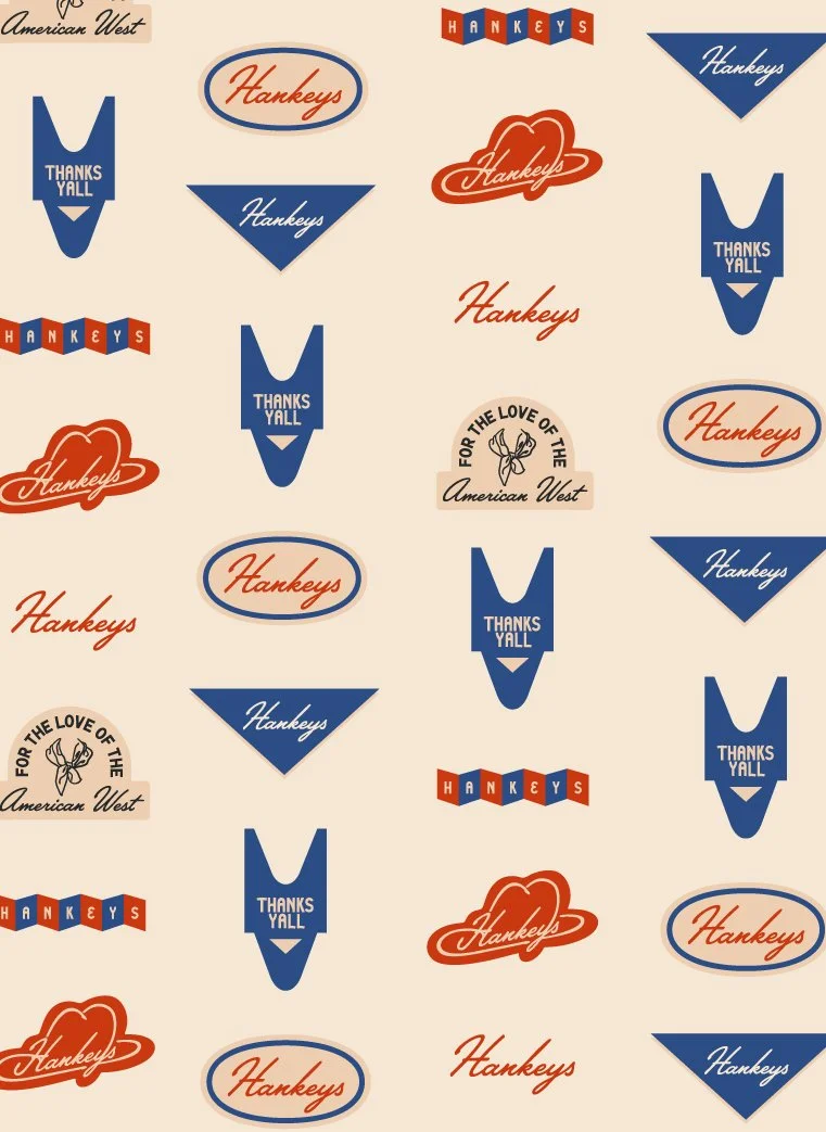 A pattern featuring various tags and logos with the word 'Hankeys' and related phrases, in red, blue, black, and beige colors, representing a vintage or patriotic theme.