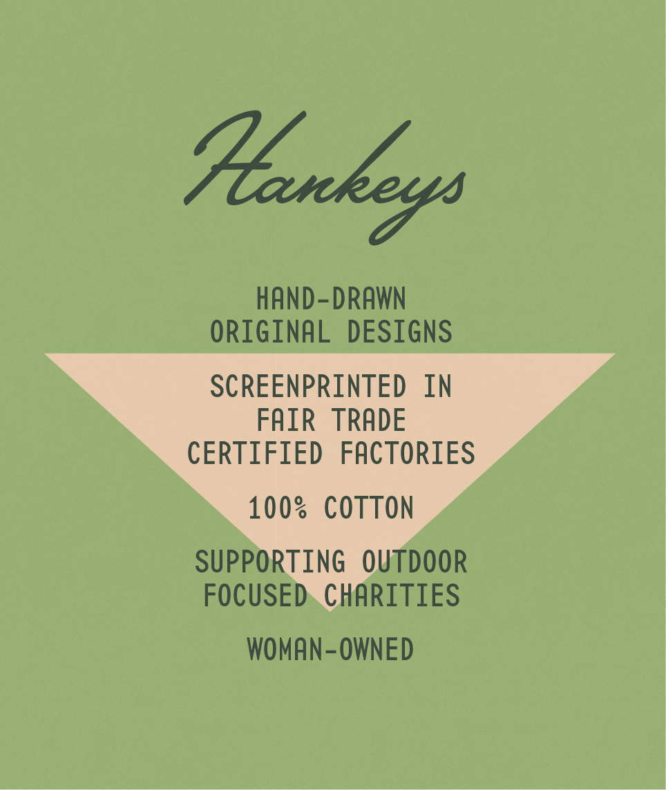 Green background with a centered pale pink triangle and black text promoting handicrafts. The text states handmade, original designs, screenprinted in fair trade certified factories, 100% cotton, supporting outdoor focused charities, and woman-owned.