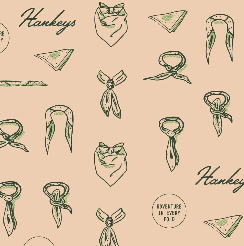 Pattern with hand-drawn bandana ties, neckerchiefs, and triangular handkerchiefs on a pink background, with the words 'Hankeys' and 'ADVENTURE IN EVERY FOLD'.
