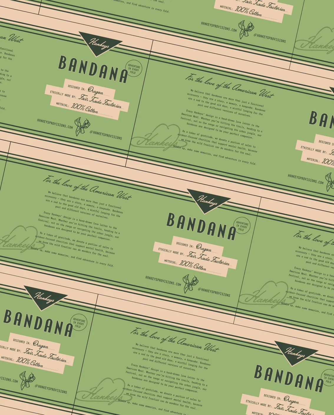 Repeating pattern of a green and pink bandana design with text, logo, and decorative elements for 'Hankeys Bandana', including the phrases 'Designed in Oregon', 'Ethically Made by Fair Trade Factories', and '100% Cotton'.