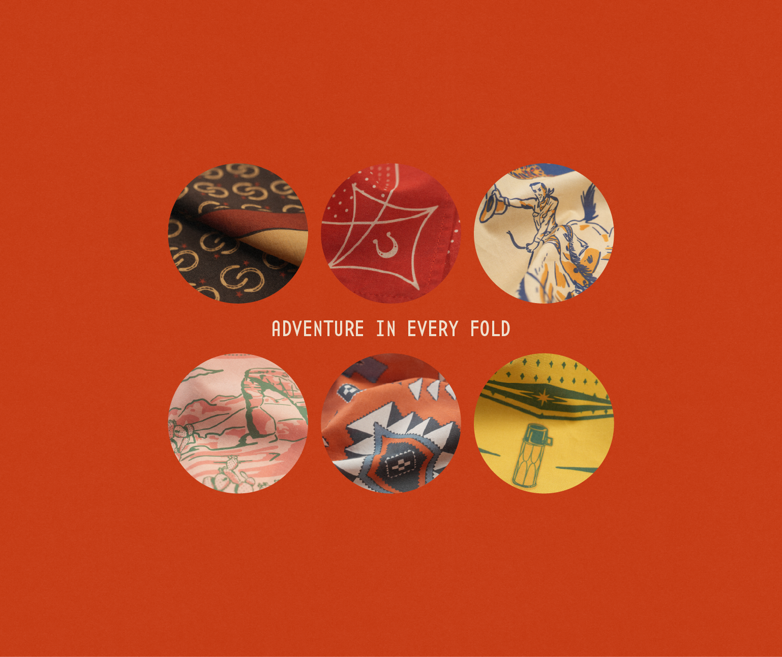 Six colorful patterned fabric circles arranged in two rows on an orange background with the text "Adventure in Every Fold" in the center.