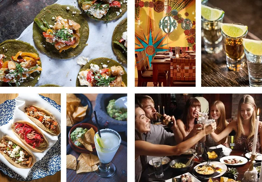 A collage of images featuring Mexican cuisine and drinks: top left shows tacos with various toppings, top middle shows a decorated dining area with colorful wall art, top right shows glasses of tequila with lime wedges, bottom left shows three tacos 