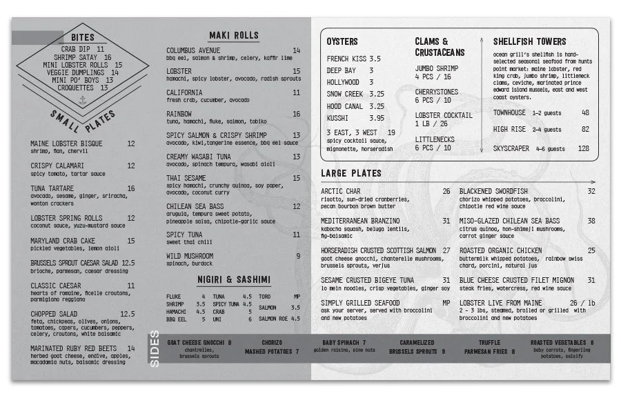 Menu featuring multiple sections including Bites, Small Plates, Makis, Oysters, Clams & Crustaceans, Shellfish Towers, Large Plates, Sides, Nigiri & Sashimi, and others with various seafood dishes and prices.