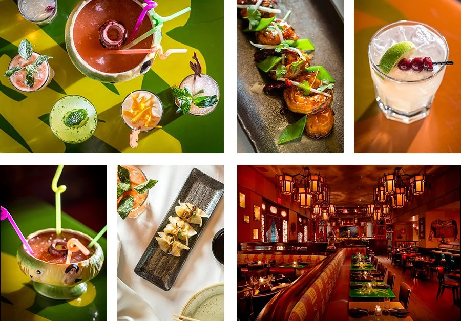 A collage of six images showing colorful cocktails, a dish of skewered food, and a lively restaurant interior with hanging lanterns.