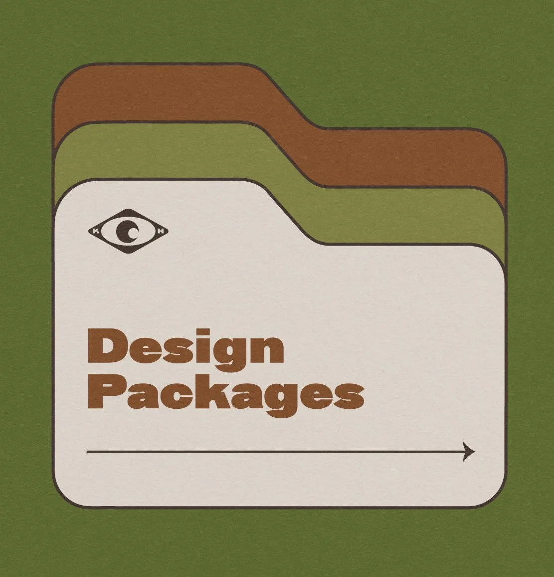 A graphic design of a folder with the logo of an eye and the text 'Design Packages' in brown, on a green background.