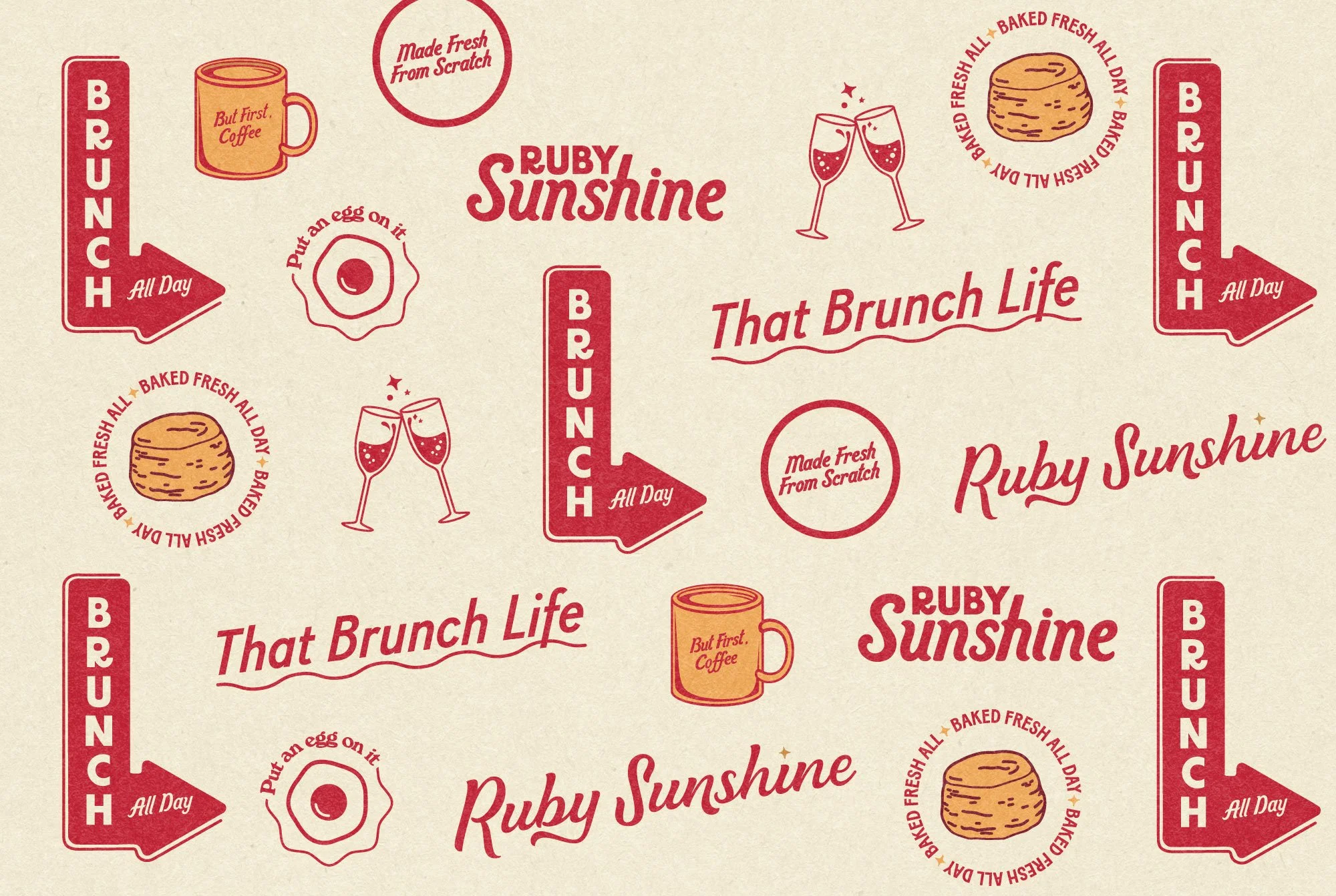 A patterned background with coffee cups, eggs, cookies, and champagne glasses, featuring phrases like "Ruby Sunshine," "That Brunch Life," and "Baked Fresh All Day."