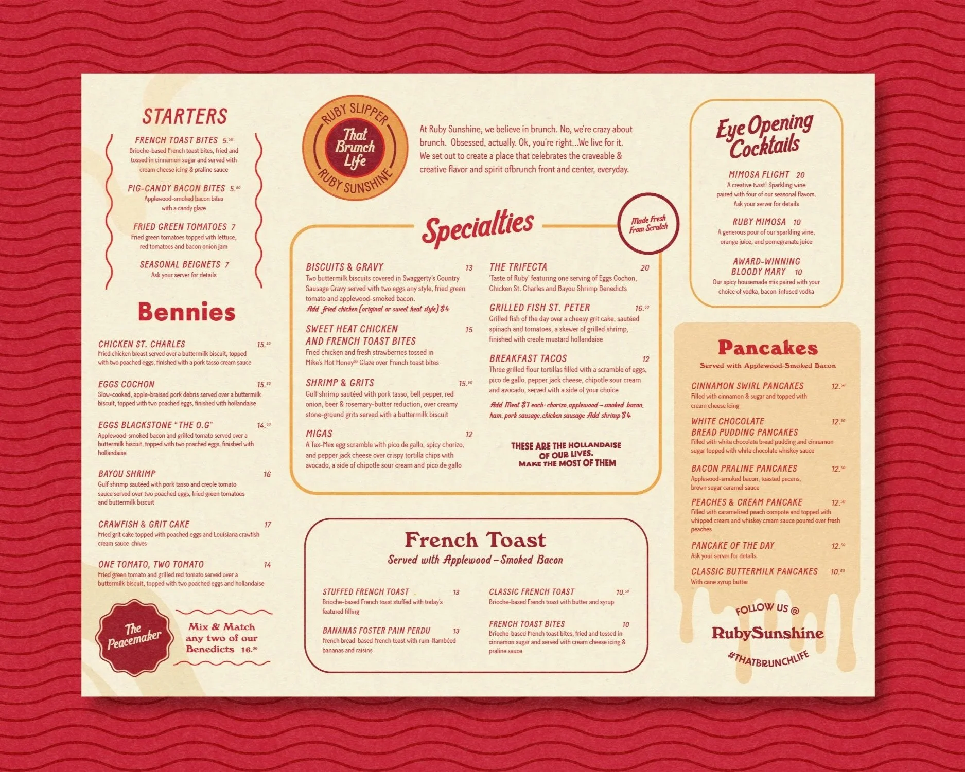 A menu from Ruby Sunshine featuring starters, bennies, specialties, eye opening cocktails, pancakes, and French toast options.
