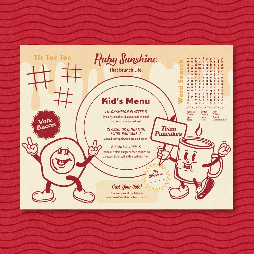 Kids' menu with illustrations of animated breakfast food characters, including a smiling pancake and a cup of coffee with arms and legs, on a red wavy background.