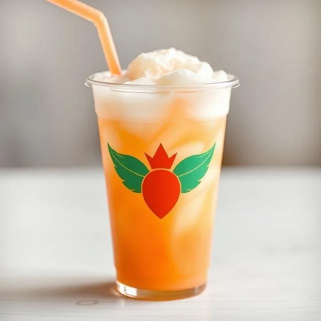 An iced Princess Peach Soda in a clear cup with an orange straw, topped with white foam and featuring a red peach logo with green leaves and a crown.