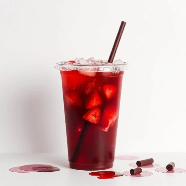 A clear plastic cup filled with a deep red "Villain Energy Drink" over ice, featuring sliced strawberries and a dark brown straw against a white background.