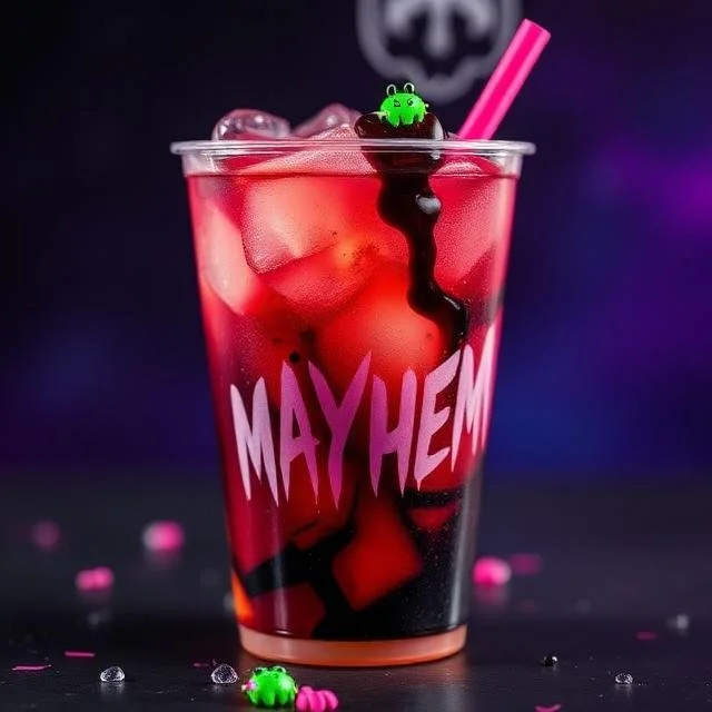 A vibrant red energy drink over ice in a clear plastic cup with "MAYHEM" printed in pink lettering. The drink features a dark syrup drizzle, a bright pink straw, and is decorated with tiny green monsters