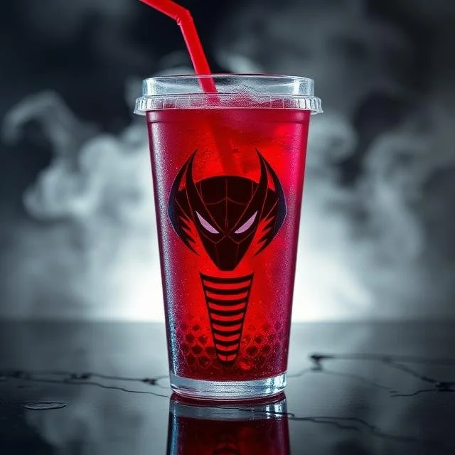 A Crimson Energy Drink in a clear plastic cup with a red straw, featuring a black masked-hero logo, set against a dark, smoky background.