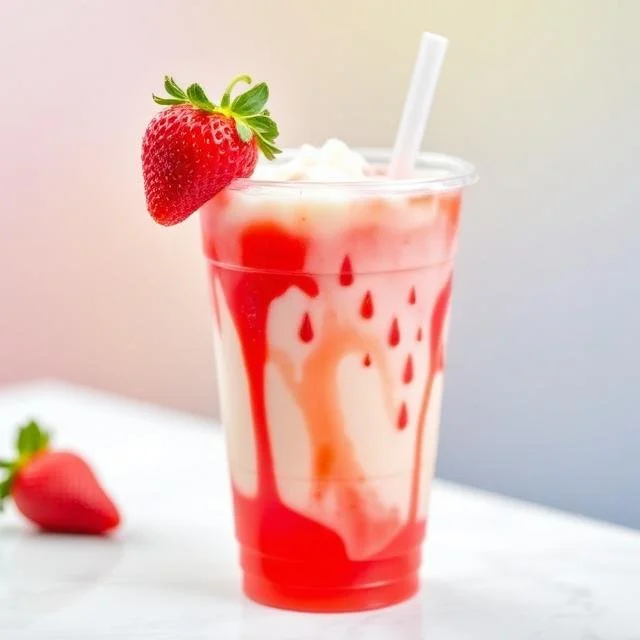 A vibrant strawberry soda with creamy white foam and a bold red syrup drizzle on the inside of the cup. A whole fresh strawberry is perched on the rim, and a white straw is tucked into the foam.