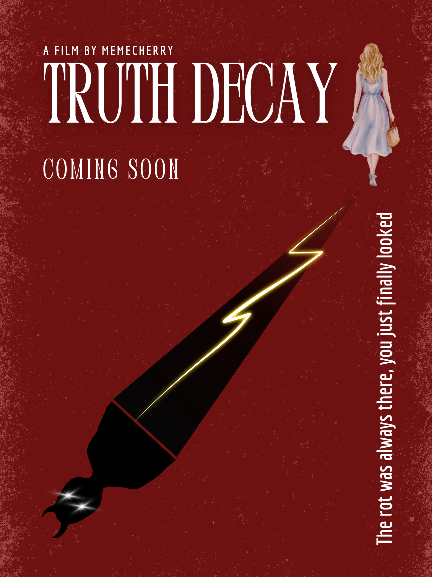 Dark red background with a silhouette of a black cat with glowing eyes holding a lightning bolt. Text reads: 'A film by Memecherry Truth Decay Coming Soon. The rat was always there, you just wasn't aware of it.'