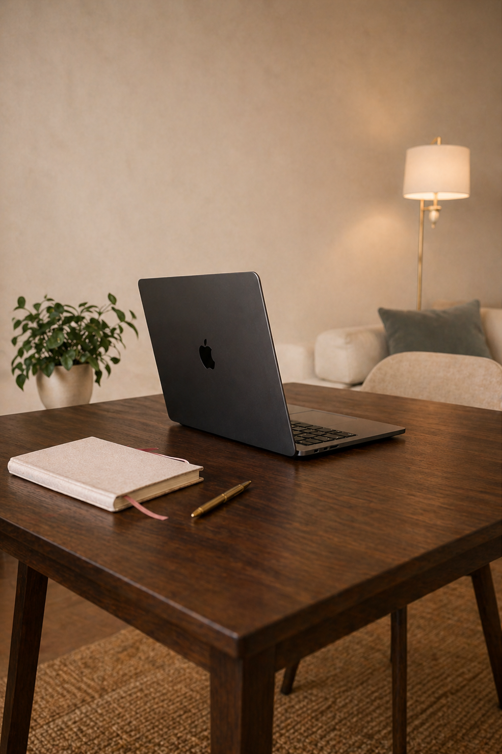 A modern workspace with a MacBook on a wooden desk, a closed notebook, and a pen. In the background, there's a sofa with pillows, a potted plant, and a floor lamp. The setting appears cozy and well-lit.