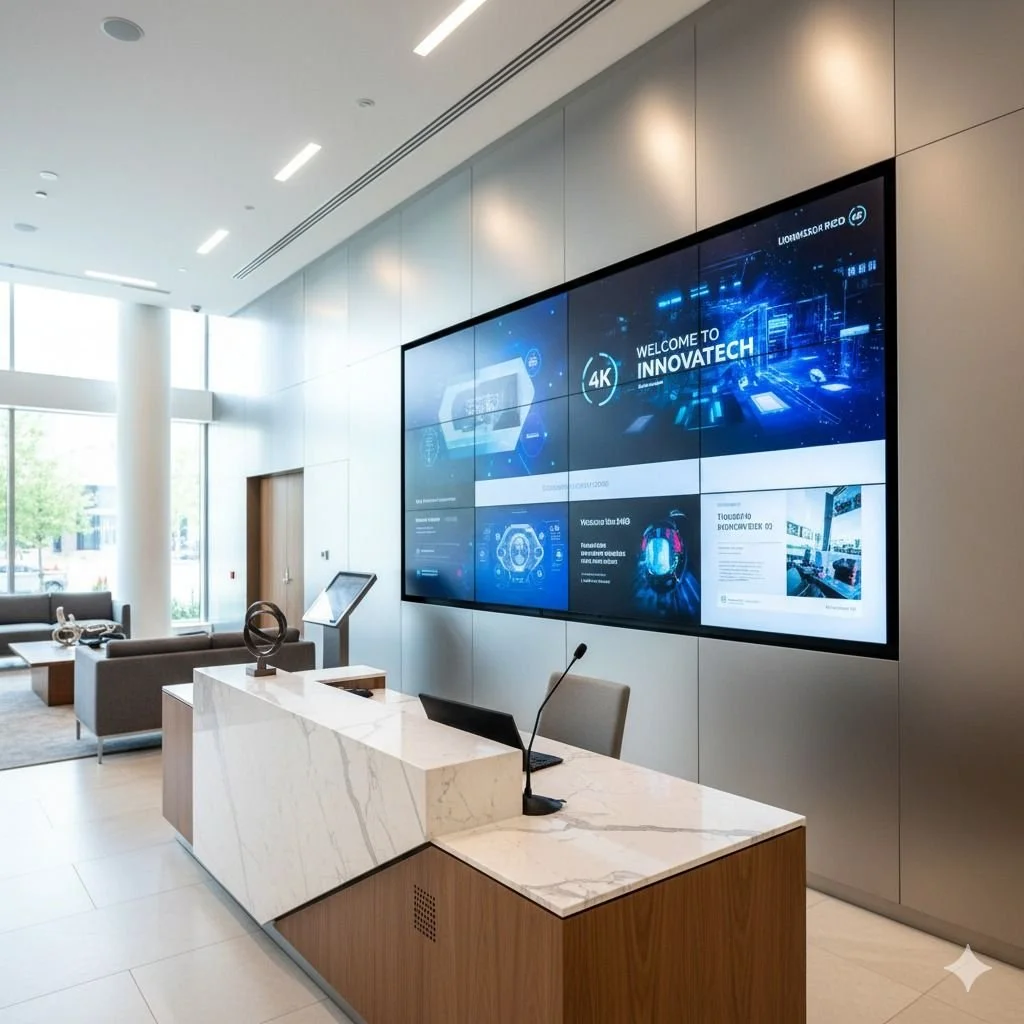 Solución  de varias pantallas  funcionando en conjunto como Videowall para Lobby de hotel, Clubes, Departamentos, Centros de convenciones y Real State.