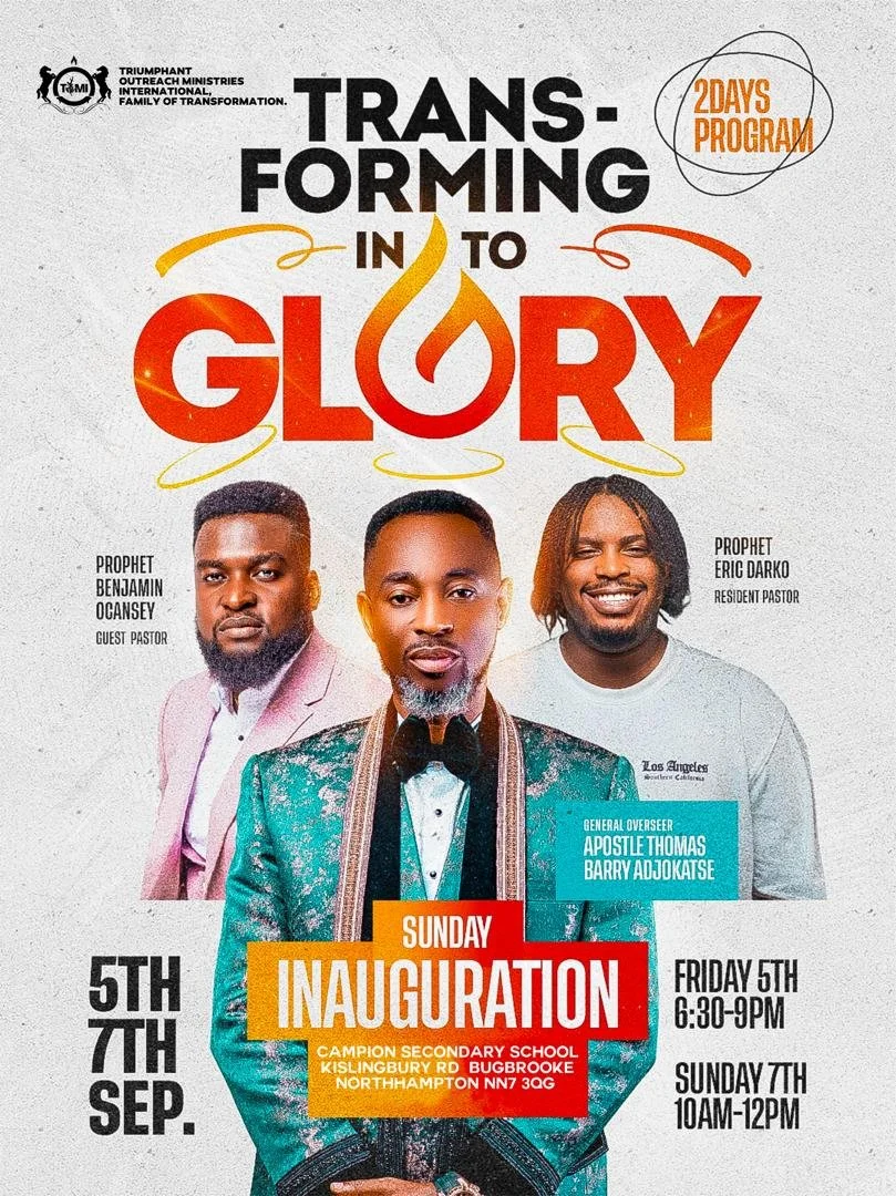Flyer for a church event titled "Transforming into Glory" scheduled for September 5th and 7th, featuring photos of three men, including Prophet Benjamin Ocansey and Prophet Eric Darko, with details about the event's date, time, and location at Campio