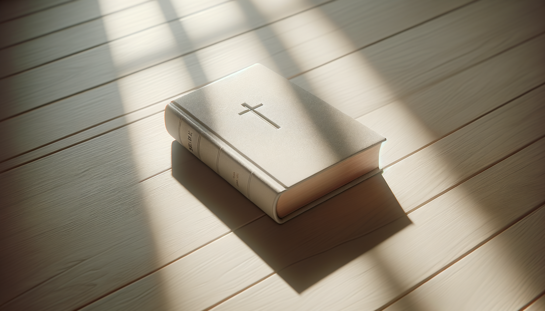 A closed white Bible with a cross on the cover, placed on a light wooden floor with sunlight casting shadows.