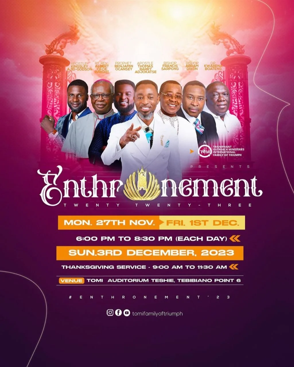 A promotional poster for the Twenty-Twenty-Three Enthronement event featuring photos of eight men in formal attire, with event details including dates, times, and venue, and a background with pink and orange hues and ornate pillars.