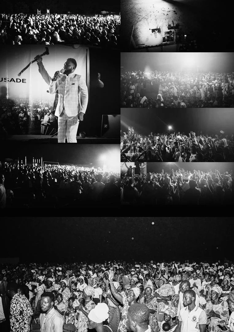 Black and white collage of an outdoor concert with large crowds, a performer on stage in a light suit, and some scenes showing audience members dancing and raising their hands.